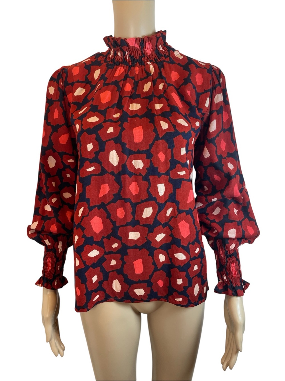 Compañia Fantastica Smocked High Neck Neck Red Floral Print Blouse size S